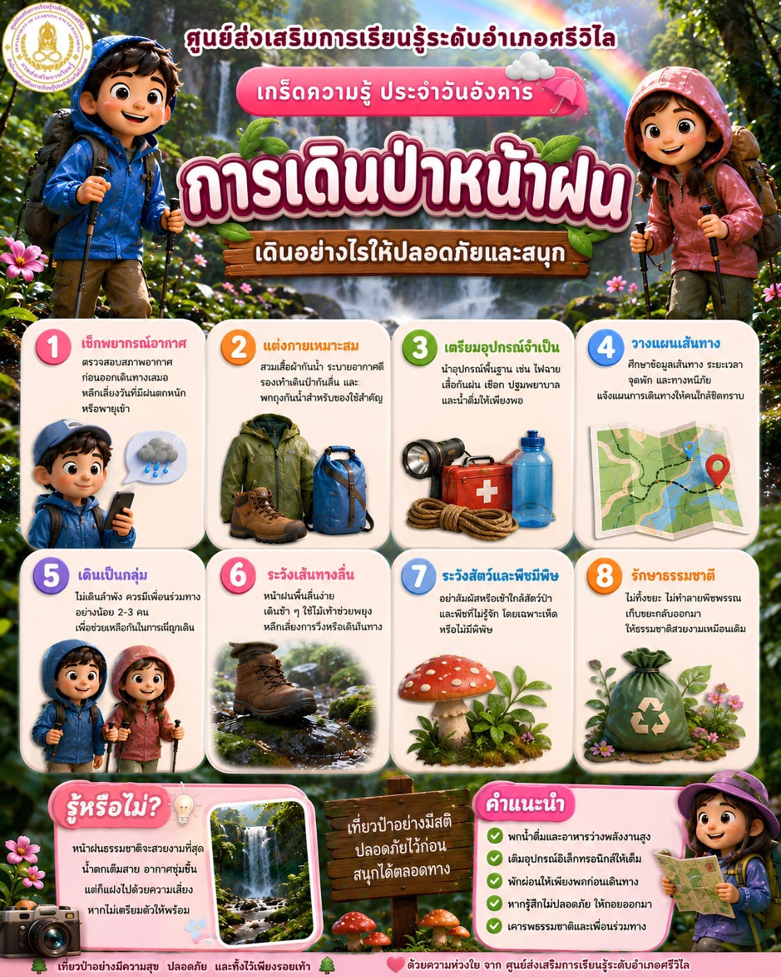 ภาพปก ห้องสมุดประชาชนอำเภอศรีวิไล เผยแพร่เกร็ดความรู้วันอังคาร “การเดินป่าหน้าฝน เดินอย่างไรให้ปลอดภัยและสนุก