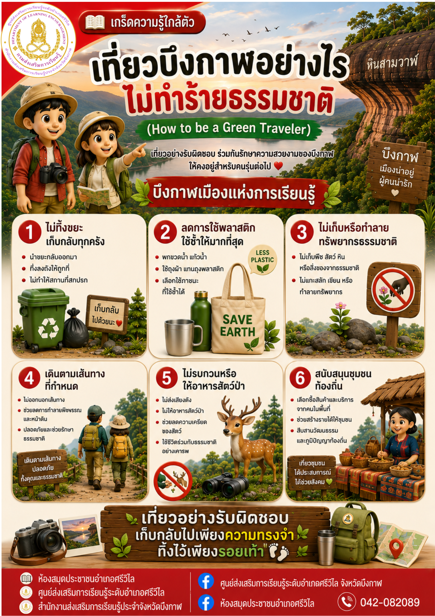 ภาพปก 🟥 | **ห้องสมุดประชาชนอำเภอศรีวิไล เผยแพร่เกร็ดความรู้วันอาทิตย์ เรื่อง “เที่ยวบึงกาฬอย่างไร ไม่ทำร้ายธรรมชาติ” 🌿🏞️**
